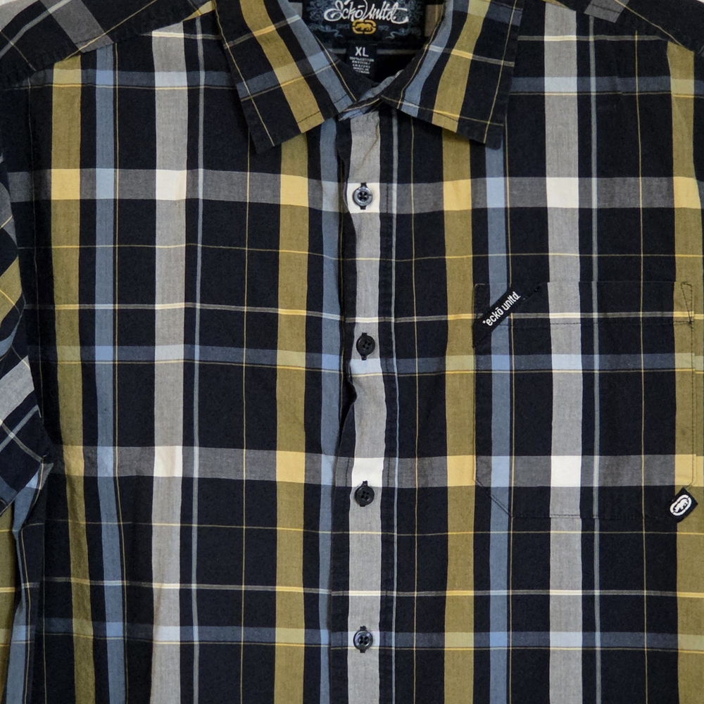 Vintage Ecko Unlimited Black, Olive & Gray Plaid Button-Down Shirt